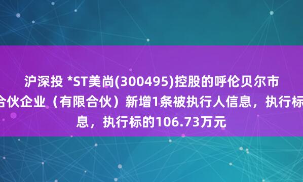 沪深投 *ST美尚(300495)控股的呼伦贝尔市禄盛投资管理合伙企业（有限合伙）新增1条被执行人信息，执行标的106.73万元