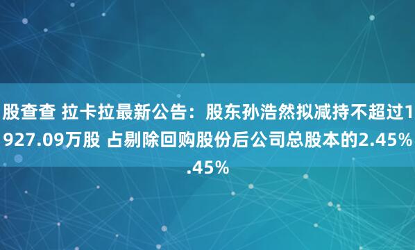 股查查 拉卡拉最新公告：股东孙浩然拟减持不超过1927.09万股 占剔除回购股份后公司总股本的2.45%